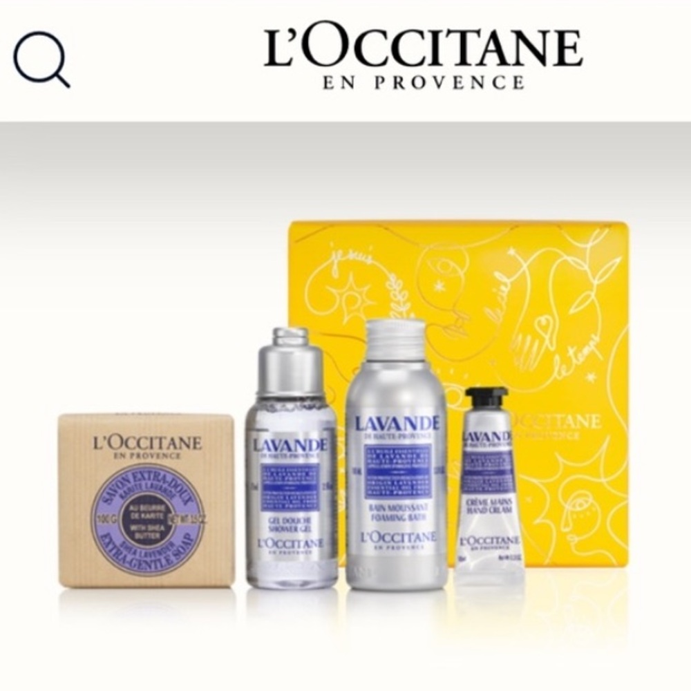 L'Occitane 4 Piece Gift Box Foaming Bath, Pillow Mist, Body Lotion, Bar Soap NIB